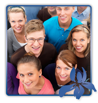 stock photo group of twenty-somethings looking up at camera